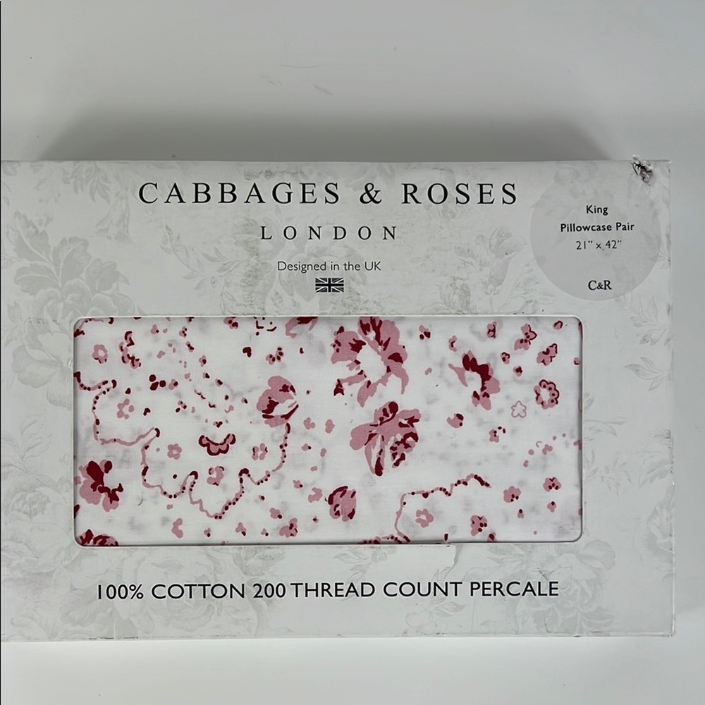 Cabbages & Roses Floral Pillowcases King Pink White Cotton Percale Set of 2 NEW